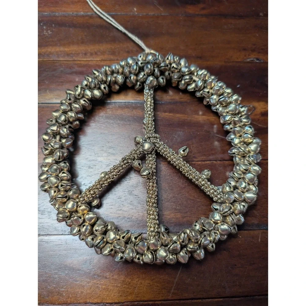 Pottery Barn Bell Peace Sign Hanging Gold Brass Tone Metal Boho Decor 6